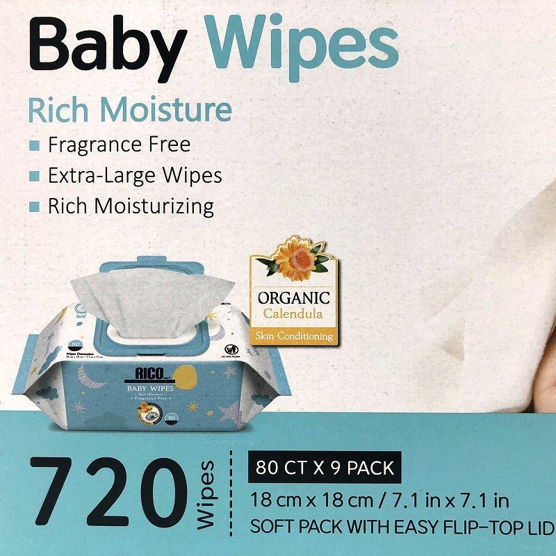 RICO 赤ちゃん用おしりふき 720枚 (80×9個 ) 大判厚手・無香料 RICO Baby Wipes 720CT